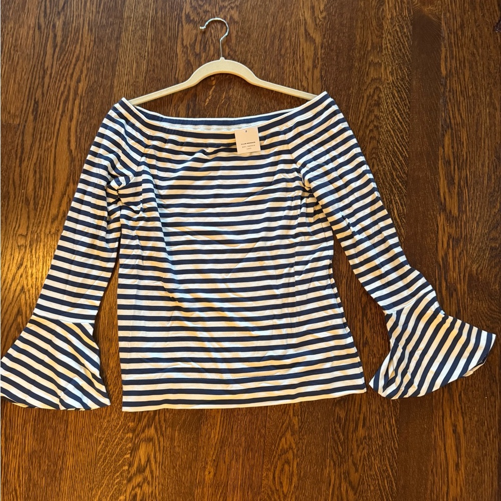 Club Monaco Navy and White Striped Bell Sleeve Top Medium